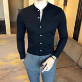 High Quality Men Black Casual Shirt Long Sleeve White Dress Shirts Slim Fit Male Stand Collar Spring Solid Color Blouse