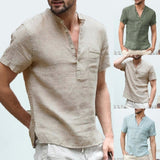 NUKTY  New Mens Spring Summer Casual Shirt Short Sleeve Cotton Linen Shirts Men Loose Collar Button Shirt silk Chemise Homme