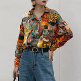 Women Retro Sunflower Print Shirt Oil Painting Print Design Blouse Girl Loose Lapel Tops and Blouses New