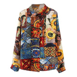 Women Retro Sunflower Print Shirt Oil Painting Print Design Blouse Girl Loose Lapel Tops and Blouses New