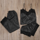 3pcs Women Satin Lace Mesh Sleepwear 9 Colors  Homewear Nightwear Pyjamas Set Female Sexy Sleepwear Outfits