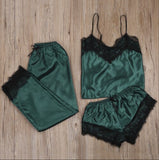 3pcs Women Satin Lace Mesh Sleepwear 9 Colors  Homewear Nightwear Pyjamas Set Female Sexy Sleepwear Outfits