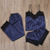 3pcs Women Satin Lace Mesh Sleepwear 9 Colors  Homewear Nightwear Pyjamas Set Female Sexy Sleepwear Outfits