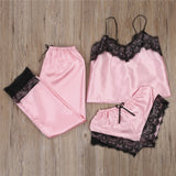 3pcs Women Satin Lace Mesh Sleepwear 9 Colors  Homewear Nightwear Pyjamas Set Female Sexy Sleepwear Outfits