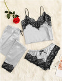 3pcs Women Satin Lace Mesh Sleepwear 9 Colors  Homewear Nightwear Pyjamas Set Female Sexy Sleepwear Outfits