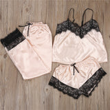 3pcs Women Satin Lace Mesh Sleepwear 9 Colors  Homewear Nightwear Pyjamas Set Female Sexy Sleepwear Outfits