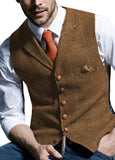 Brown Casual Gentleman Men's Army Green Vest Plaid Soft Wool Jacket Tweed Business Waistcoat For Best Man Wedding For Party