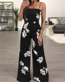 Women Elegant Sleevless Strap Playsuit Romper Jumpsuit Floral Print Backless Hollow Out Wide Leg Pants High Waist Jumpsuit