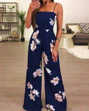 Women Elegant Sleevless Strap Playsuit Romper Jumpsuit Floral Print Backless Hollow Out Wide Leg Pants High Waist Jumpsuit