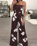 Women Elegant Sleevless Strap Playsuit Romper Jumpsuit Floral Print Backless Hollow Out Wide Leg Pants High Waist Jumpsuit