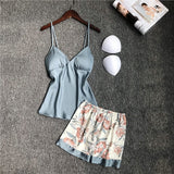 NUKTY  Spring Autumn Women Silk Pajamas Sets With Chest Pads Flower Print Pijama Sleepwear 4 Pieces Spaghetti Strap Satin Pyjamas