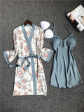 NUKTY  Spring Autumn Women Silk Pajamas Sets With Chest Pads Flower Print Pijama Sleepwear 4 Pieces Spaghetti Strap Satin Pyjamas