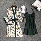 NUKTY  Spring Autumn Women Silk Pajamas Sets With Chest Pads Flower Print Pijama Sleepwear 4 Pieces Spaghetti Strap Satin Pyjamas