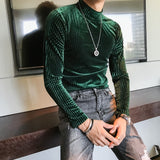 Nukty Velvet Turtleneck T-Shirt Fall Winter Slim Striped Casual T-Shirt Men Long Sleeve Tight T-Shirt Club Costume Camiseta Homme
