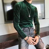 Nukty Velvet Turtleneck T-Shirt Fall Winter Slim Striped Casual T-Shirt Men Long Sleeve Tight T-Shirt Club Costume Camiseta Homme