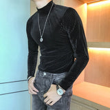 Nukty Velvet Turtleneck T-Shirt Fall Winter Slim Striped Casual T-Shirt Men Long Sleeve Tight T-Shirt Club Costume Camiseta Homme