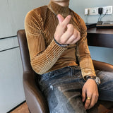 Nukty Velvet Turtleneck T-Shirt Fall Winter Slim Striped Casual T-Shirt Men Long Sleeve Tight T-Shirt Club Costume Camiseta Homme