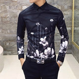 6XL 19 Colour Fashion Boutique Print Casual Slim Fit Mens Long-sleeved Shirt / High-end Social Brand Social Men Club Prom Shirt