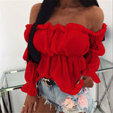 Chiffon Blouses Womens Sexy Off Shoulder Long Puff Sleeve Short Tops Loose Casual Blouse Lady Sexy Hot Sale Ruffle Pleated Shirt