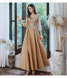 Women's long formal prom evening dress Plus size O neck half sleeve sequined satin wedding party dress gold cocktail dress