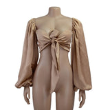 Nukty Sexy Backless Fashion Square Collar Wrap Women Shirts Batwing Sleeve Solid Crop Tops Women Tops and Blouses