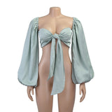 Nukty Sexy Backless Fashion Square Collar Wrap Women Shirts Batwing Sleeve Solid Crop Tops Women Tops and Blouses