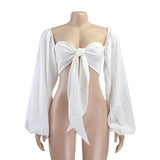 Nukty Sexy Backless Fashion Square Collar Wrap Women Shirts Batwing Sleeve Solid Crop Tops Women Tops and Blouses