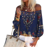NUKTY  Boho style Women Blouses Vintage Lacing Stitching Off Shoulder Floral Print String Blouse Top Shirt for women female