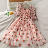 Sequins Strawberry Dress Women Printed High Waist Mid-length Mesh Female Elegant Party Dress Puff Sleeve Princess Women Dress
