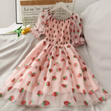 Sequins Strawberry Dress Women Printed High Waist Mid-length Mesh Female Elegant Party Dress Puff Sleeve Princess Women Dress