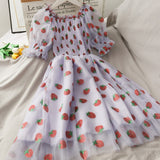 Sequins Strawberry Dress Women Printed High Waist Mid-length Mesh Female Elegant Party Dress Puff Sleeve Princess Women Dress