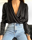 Women Satin v Neck Sexy Tops And Blouse Solid Color Fashion Summer Autumn Long Sleeve Shirts Party Club Fashion