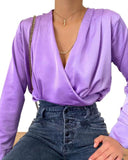 Women Satin v Neck Sexy Tops And Blouse Solid Color Fashion Summer Autumn Long Sleeve Shirts Party Club Fashion