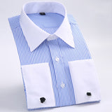 Men's Classic French Cuffs Striped Dress Shirt Single Patch Pocket Standard-fit Long Sleeve Wedding Shirts (Cufflink Included)