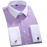 Men's Classic French Cuffs Striped Dress Shirt Single Patch Pocket Standard-fit Long Sleeve Wedding Shirts (Cufflink Included)