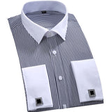 Men's Classic French Cuffs Striped Dress Shirt Single Patch Pocket Standard-fit Long Sleeve Wedding Shirts (Cufflink Included)