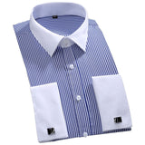 Men's Classic French Cuffs Striped Dress Shirt Single Patch Pocket Standard-fit Long Sleeve Wedding Shirts (Cufflink Included)