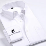 Men's Classic French Cuffs Striped Dress Shirt Single Patch Pocket Standard-fit Long Sleeve Wedding Shirts (Cufflink Included)