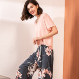 Summer Pajamas Set Women Sleepwear Female Casual Floral Printed Contrasting Color Pyjamas Tops with Long Trousers Home Clothing
