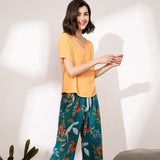 Summer Pajamas Set Women Sleepwear Female Casual Floral Printed Contrasting Color Pyjamas Tops with Long Trousers Home Clothing
