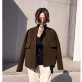Autumn Winter Korea Fashion Women Loose Short Jacket Thicken Plaid Woolen Coats Double Pocket Cardigan Vintage Coat