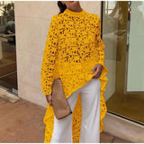 Women Lace Hollow Out Shirts Long Sleeve Irregular Stand Collar Female Loose Blouses Summer Lady Elegant Solid Beach Tops