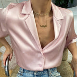 Summer Women Fashion Short Sleeve Satin Solid Color Suit Shirt, Collar Neck Street Daily Wear Elegant Silk Shirts Blouse