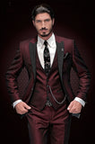 New Arrival Groomsmen Peak Black Lapel Groom Tuxedos Burgundy Men Suits Wedding Best Man Blazer (Jacket+Pants+Vest)