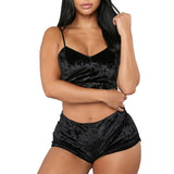 2 Pieces Pyjamas Women Solid Soft Sexy Nightwear Suit Velvet Lingerie Set Pleated Sleepwear Sets Strap Women Top+Loose Shorts