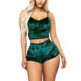 2 Pieces Pyjamas Women Solid Soft Sexy Nightwear Suit Velvet Lingerie Set Pleated Sleepwear Sets Strap Women Top+Loose Shorts