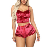 2 Pieces Pyjamas Women Solid Soft Sexy Nightwear Suit Velvet Lingerie Set Pleated Sleepwear Sets Strap Women Top+Loose Shorts