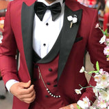 NUKTY  Men's Suit Fashion Formal Business Slim Fit 3-Pieces White Blazers Burgundy Pant Men's Tuxedo Wedding Men Suits Groom Suit