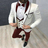 NUKTY  Men's Suit Fashion Formal Business Slim Fit 3-Pieces White Blazers Burgundy Pant Men's Tuxedo Wedding Men Suits Groom Suit