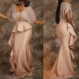 Nukty Champagne Abiye Long Mermaid African Evening Dress with Sleeves Peplum Ruffles Plus Size Women Formal Prom Dresses Elegant